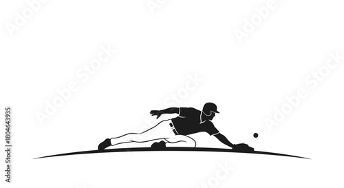Dynamic baseball player diving to catch, intense sports action, determined athlete in silhouette, vector design, athletic prowess, competitive spirit, sports brand