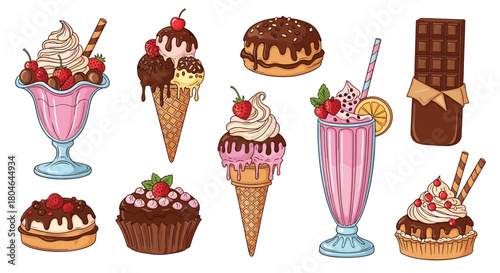 Delicious collection of chocolate and strawberry desserts including ice cream cones sundaes a milkshake and cupcakes with toppings.