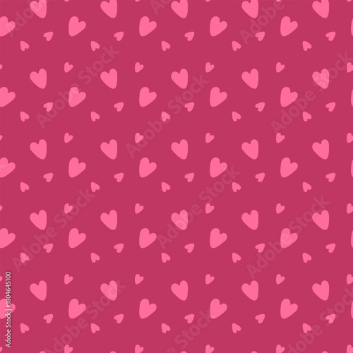 Vibrant, simple vector seamless pattern featuring scattered pink hearts on a rich magenta background, creating a charming, repetitive design perfect for romantic wrapping paper or fabric prints.