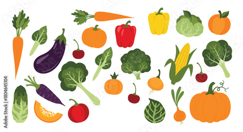 Colorful collection of various fresh and healthy farm vegetables including carrots broccoli peppers and pumpkins on a white background.