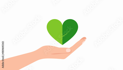Hand Holding Green Heart with Leaf Texture Symbolizing Environmental Care and Sustainability