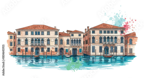 Picturesque watercolor sketch of historic buildings and boats along a canal in Venice Italy with colorful paint splash effects.