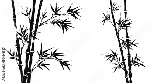 Traditional Japanese sumi-e ink wash painting of black bamboo stalks and leaves isolated on a clean white background design.