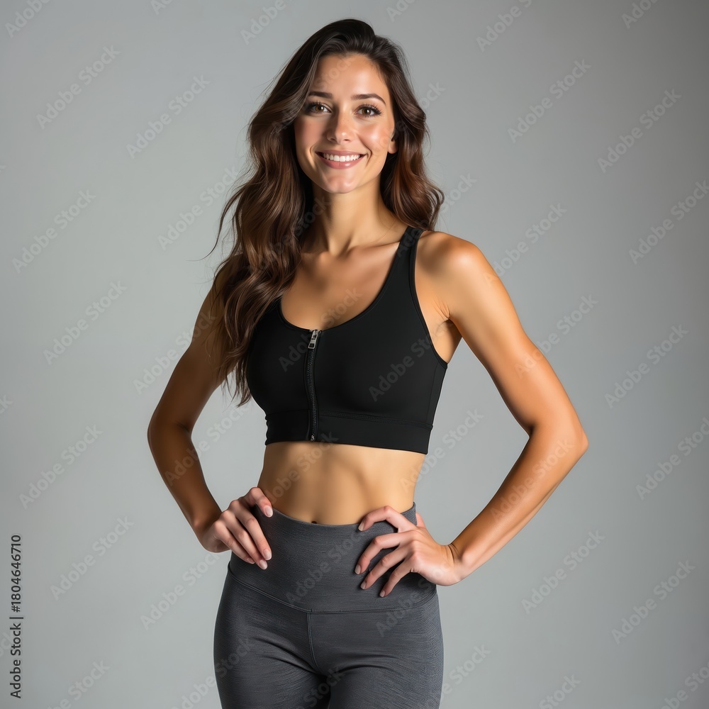 Fototapeta premium Smiling healthy young woman in black sport bra, gray yoga pants poses confidently in studio. Athletic female model with long hair shows fit body, active lifestyle, wellness, modern fitness fashion,