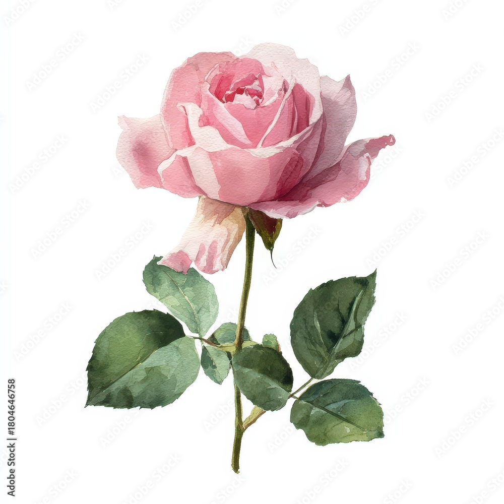 Obraz premium A delicate watercolor illustration of a single pastel pink rose. Soft, feminine botanical art isolated on a white background. Perfect for baby showers, feminine branding, or gentle designs.