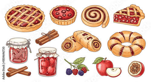 Cozy collection of homemade baked goods and preserves including apple pie berry tarts cinnamon rolls and jars of fruit jam.