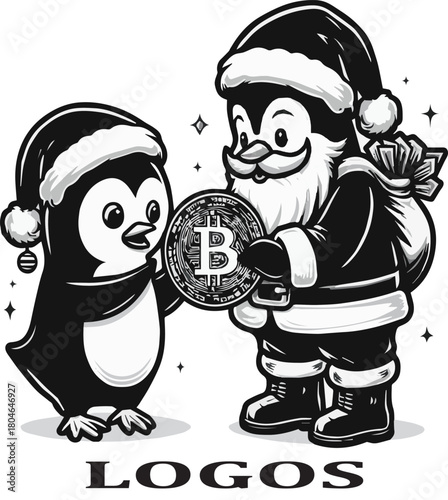 Black and white vector line art of a festive penguin in a Santa hat receiving a large Bitcoin from a second penguin dressed as Santa, carrying a sack.