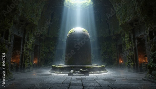 Large Shiva Linga illuminated by natural skylight inside a moss-covered cave temple chamber