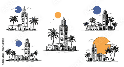 Set of hand-drawn sketches depicting Middle Eastern or Moroccan architecture with minarets and palm trees in a minimal style.