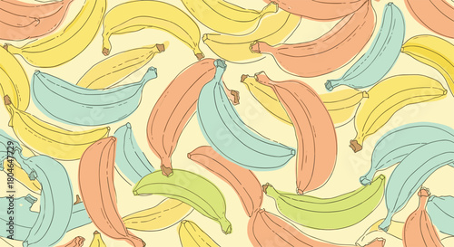 Colorful and playful seamless pattern of stylized bananas in various pastel colors creating a fun and modern fruit background.