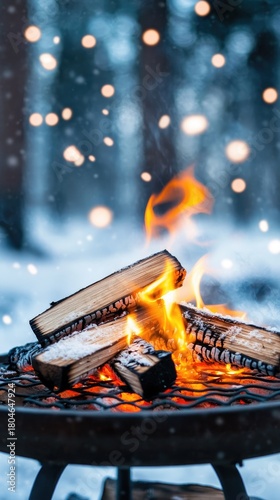 Mesmerizing glow of burning wood in a snowy forest at night with a metal grill amid falling flakes
