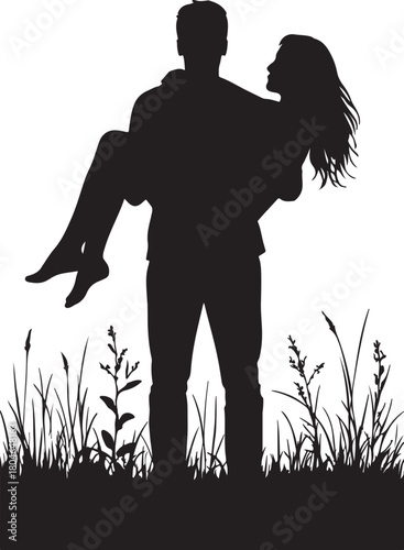 Man carrying woman in his arms in a field of grass and plants silhouette vector