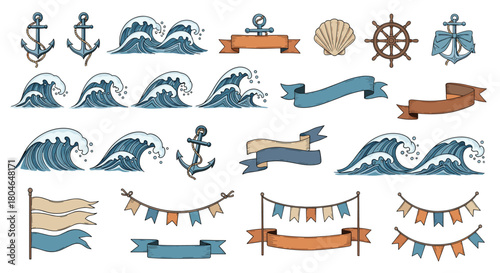 Vintage nautical collection of hand-drawn marine symbols including ocean waves anchors a ship's wheel and decorative banners.