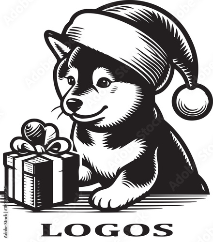 Black and white vector line art of a cute Shiba Inu puppy wearing a large Santa hat and holding a ribbon-tied Christmas gift box