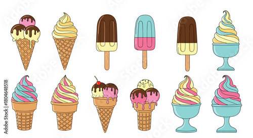 Colorful collection of various ice cream treats including cones popsicles and sundaes in a simple and clean outline style.
