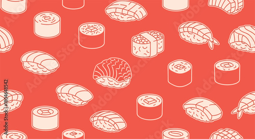 Seamless pattern of various Japanese sushi and rolls in a simple outline style on a vibrant red background for food design.