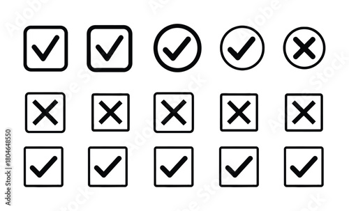 Collection of hand drawn checkmarks and crosses in squares and circles for voting and surveys