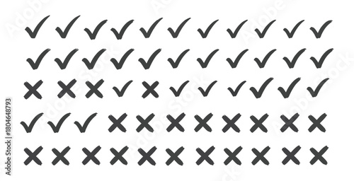 Hand drawn check marks and x marks in rows showing choices and decisions on a white background