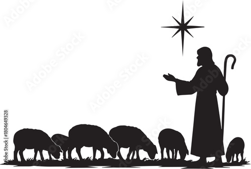 Shepherd with Sheep and Star religious biblical nativity Christmas scene flock pastor animal silhouette vector