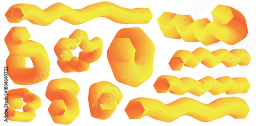 Collection of various yellow pasta shapes including cavatappi fusilli and other unique spiral and tube forms on a white background