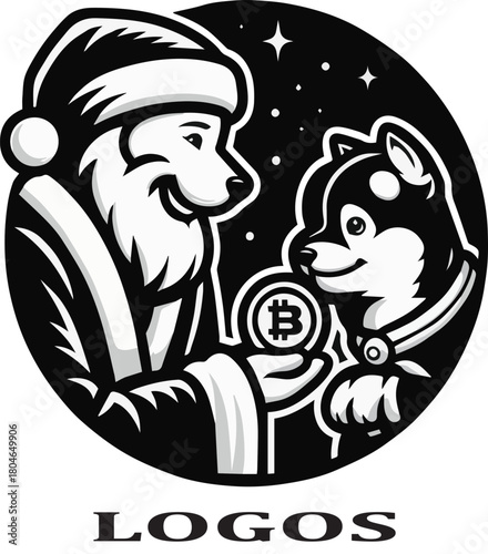 Black and white vector logo featuring a Shiba Inu dressed as Santa giving a Bitcoin to a smaller Shiba Inu under a starry night sky.