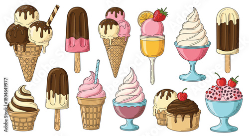Delicious and colorful assortment of various ice cream treats including soft serve cones popsicles and sundaes with toppings.