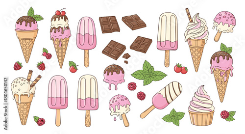 Sweet collection of pink raspberry ice cream and chocolate treats including cones popsicles chocolate bars mint and fresh berries.