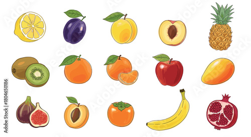 Large colorful set of assorted fresh and juicy fruits including lemon pineapple kiwi apple and banana isolated on white background.