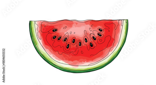 Hand-drawn illustration of a large juicy slice of watermelon with visible seeds and a green rind on a white background.