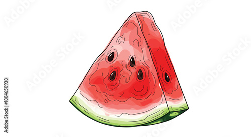 Vibrant watercolor illustration of a juicy triangular slice of watermelon with black seeds isolated on a white background.