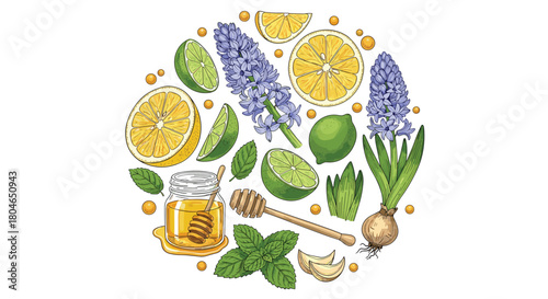 Circular composition of natural cold and flu remedies including lemon honey garlic mint and hyacinth flowers on white background.