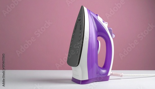 Purple and white steam iron with black soleplate on pink background.