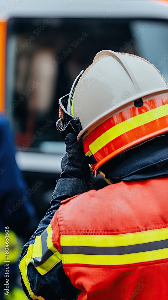 Obraz premium Firefighter preparing for action in front of fire truck during emergency response situation