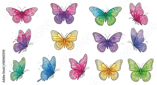 Beautiful collection of colorful flying butterflies with delicate line art and vibrant watercolor textures in various bright hues.