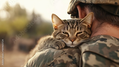 Military man shares a quiet moment with his beloved cat against a softly blurred backdrop of nature