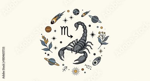 Mystical astrology illustration of the Scorpio zodiac sign with a scorpion surrounded by planets stars and botanical elements.