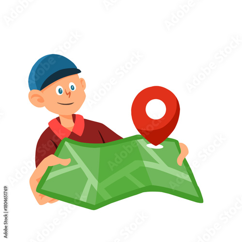 A cartoon illustration of a person holding a map with a location pin marker, symbolizing navigation, travel, and route planning. Perfect for themes related to maps, directions, tourism