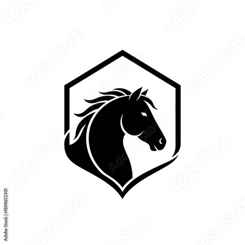 Elegant Black Horse Head Silhouette in Hexagon Frame Logo Design.
