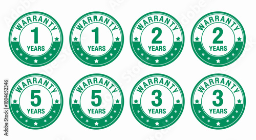 Green Warranty 1, 2, 3, and 5 Years Seals Vector Badges Isolated on White Background