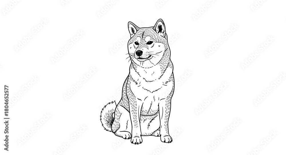 Fototapeta premium Detailed black and white line art illustration of a cute Shiba Inu dog sitting patiently isolated on a white background.