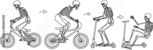 Funny skeleton evolution, riding BMX bike and scooter, sequence of extreme sports leading to a crash, isolated black and white vector.