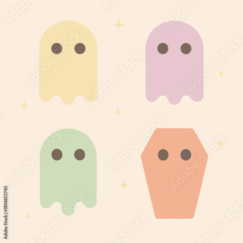 Colorful cute ghosts in pastel style on a light background with copy space