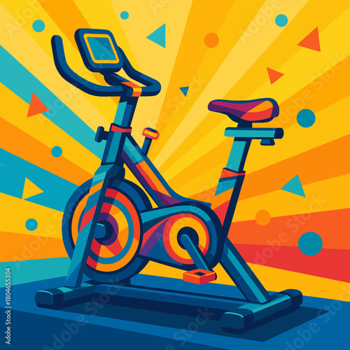 Vibrant stationary bike in a colorful fitness setting with dynamic background elements