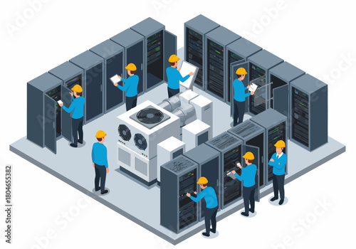 Isometric illustration of IT technicians maintaining server racks and network infrastructure in a modern data center, ensuring optimal performance and security for digital operations