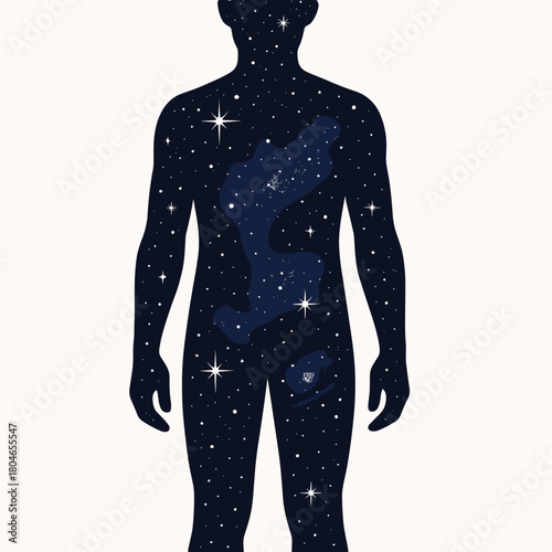 Silhouette of a human figure filled with stars and galaxies in a cosmic design