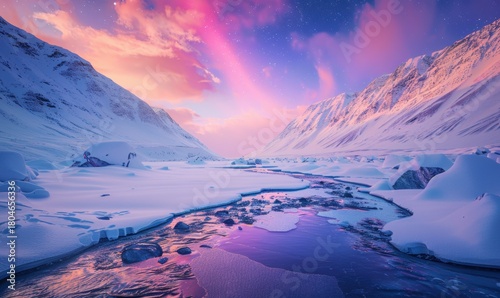 Winter landscape with snow covered mountains and winding river at sunset