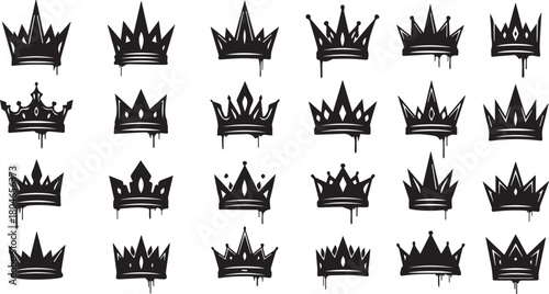 Collection of black dripping grunge crown vector icons set isolated on white background