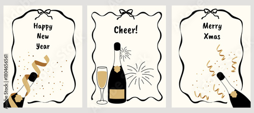 New Year and Christmas greeting card set. Festive holiday design with champagne bottle, fireworks, ribbons, and frame. 