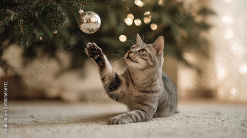 playful cat joyfully engages with shiny christmas ornament beneath beautifully decorated tree