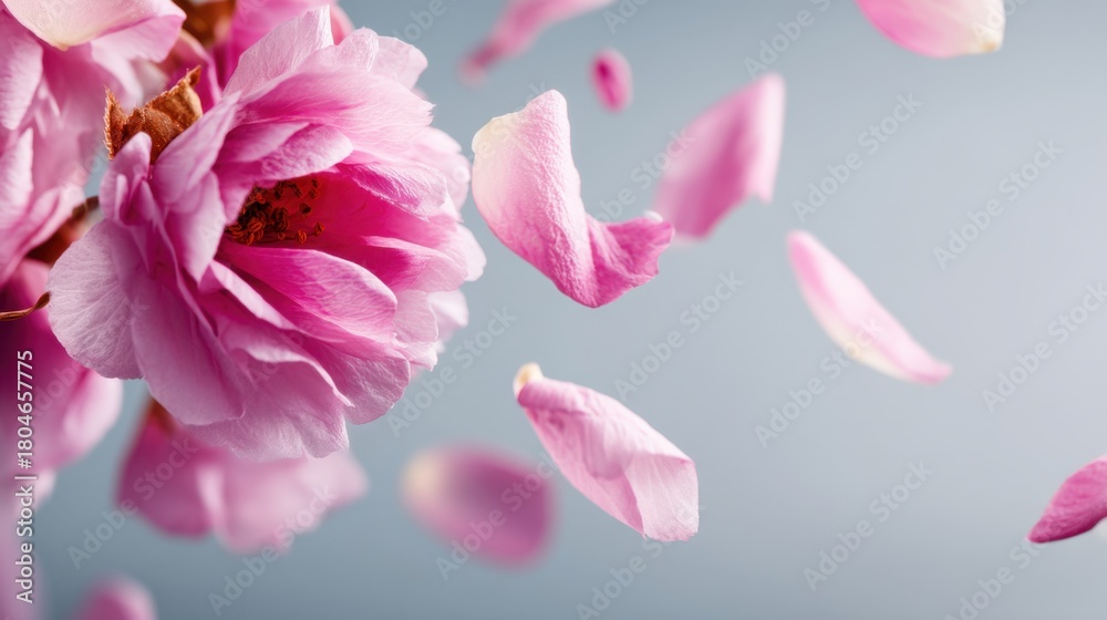 Fototapeta premium Delicate pink flower with falling petals on soft blue background creating a serene and peaceful atmosphere for nature lovers and floral enthusiasts
